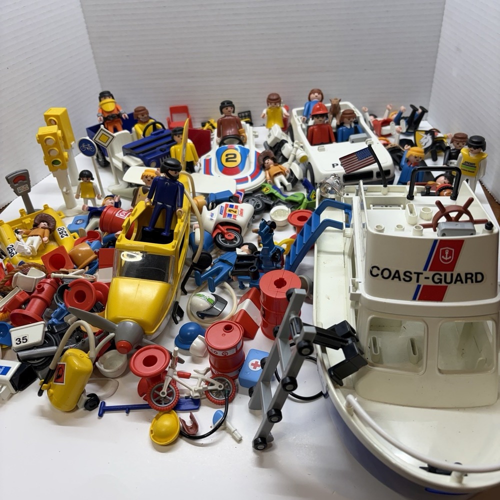 Huge PLAYMOBIL Lot People Kids Hats Coast Guard Boat Cars Rafts Police Mixed PCs